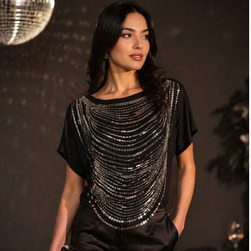 Cache Black Sequin Blouse Size M Embellished Sparkle Top Party Evening Glam